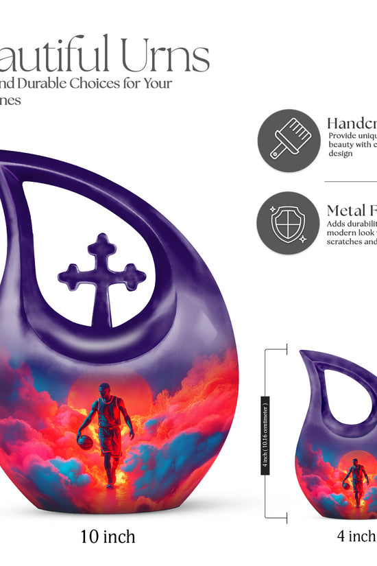 Indigo Basketball Cremation Urn back view with polished surface - sacred cross merged with basketball motif on metal - mini keepsake memorial for portion of cremation ashes