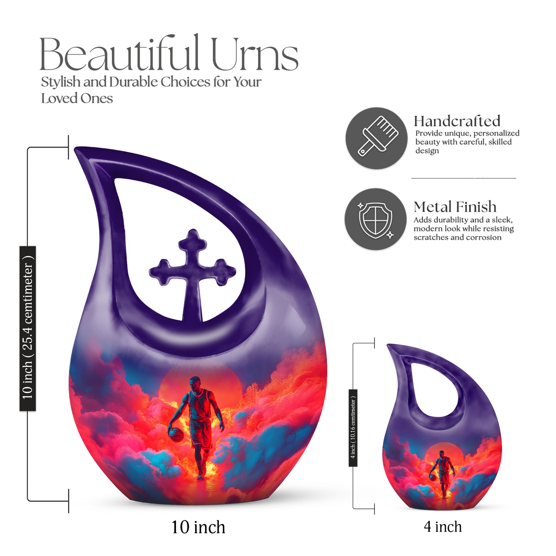 Indigo Basketball Cremation Urn back view with polished surface - sacred cross merged with basketball motif on metal - mini keepsake memorial for portion of cremation ashes