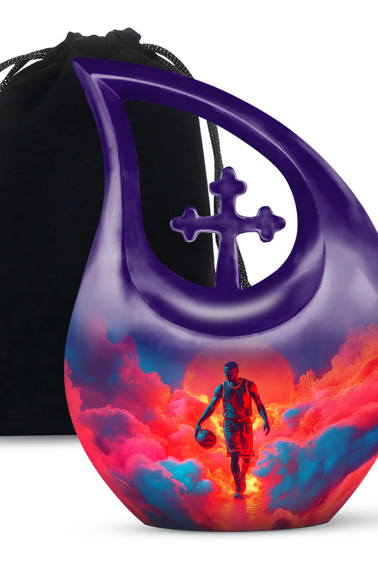 Bright Blue Basketball Cremation Urn top-down view of secure threaded lid - devotional cross-drop basketball engraving - full-size 10 inch 200 cubic inch adult cremation urn