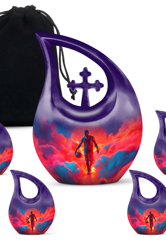 Cornflower Blue Basketball Cremation Urn urn with complimentary velvet bag - faith-inspired cross-drop urn with basketball pattern - memorial set with one large and four small urns