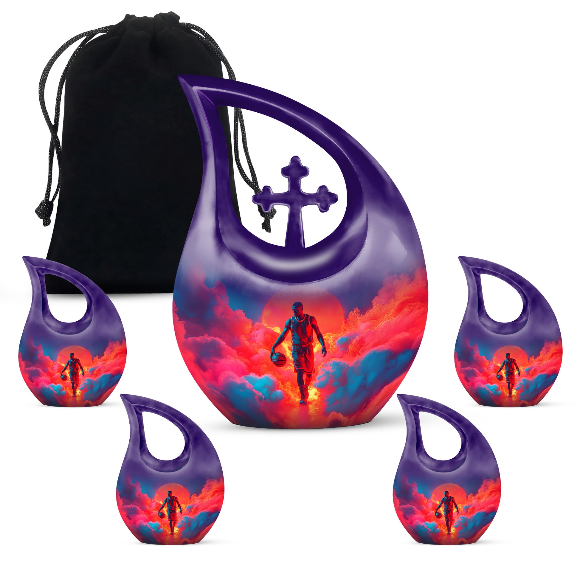 Cornflower Blue Basketball Cremation Urn urn with complimentary velvet bag - faith-inspired cross-drop urn with basketball pattern - memorial set with one large and four small urns