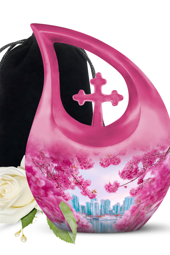 Cherry Blossom Cremation Urn- Pink Floral Memorial Urn For Burial