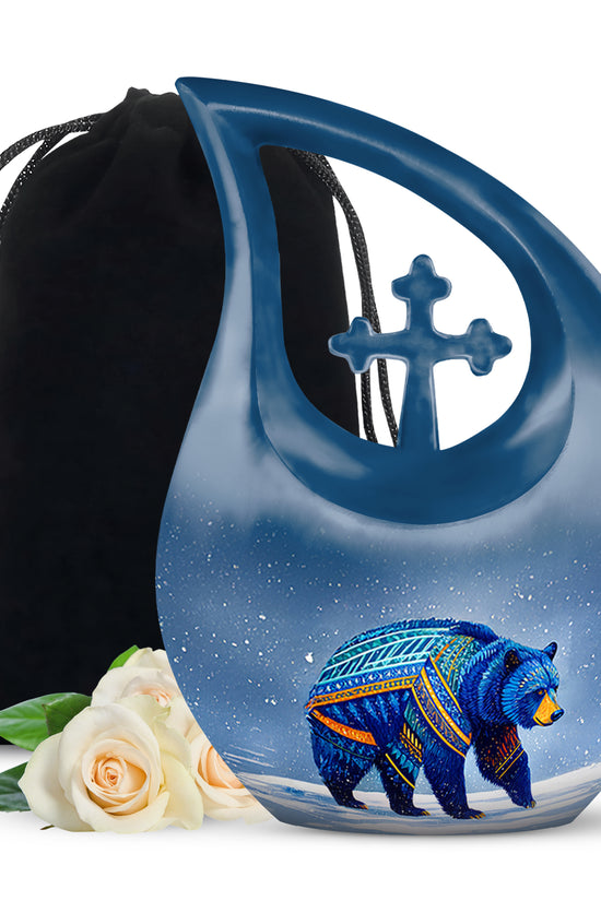 Blue Bear Cremation Urn - Tribal Wildlife Memorial Urn For Ashes