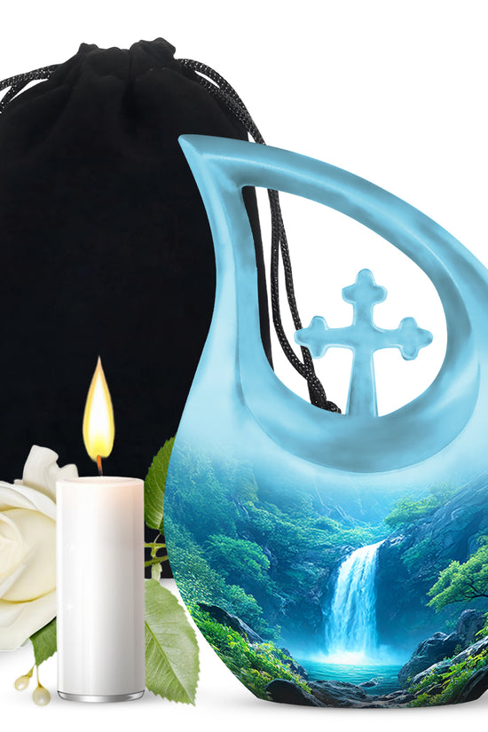 Scenic Waterfall Funeral Urn - Blue Aluminium Cremation Urn For Adult Ashes