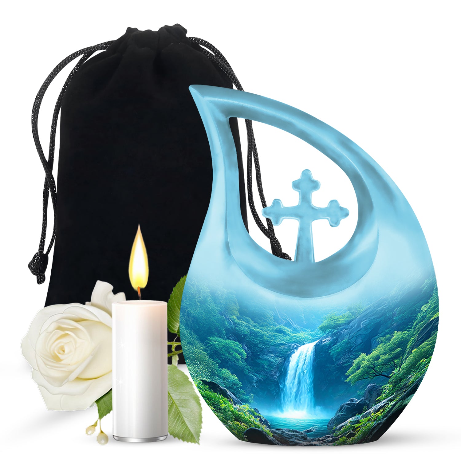 Scenic Waterfall Funeral Urn - Blue Aluminium Cremation Urn For Adult Ashes