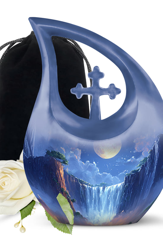Beautiful Nature Theme Cremation Urn - Blue Aluminium Memorial Urn For Human Ashes