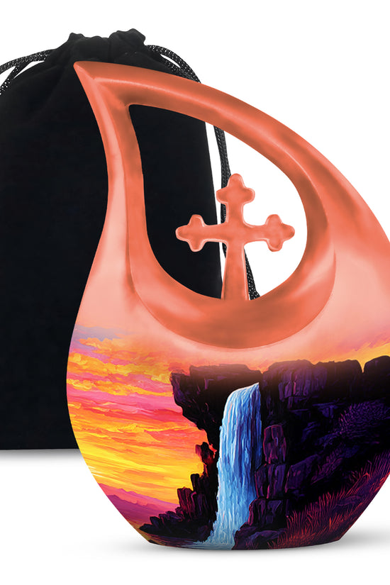 Mountain Waterfall Funeral Urn - Orange Aluminium Memorial Urn For Burial
