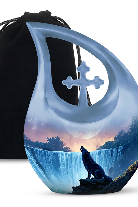 Mountain Waterfall Cremation Urn - Wolf Memorial Urn For Adult Ashes