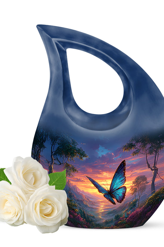 Blue Butterfly Homage Cremation Urns for Human Ashes - 10-inch, 200 cu in - Yatskia