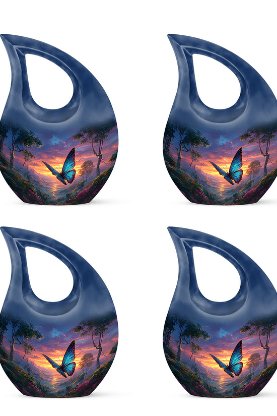Icy Blue Butterfly Cremation Urn lifestyle display on memorial shelf - sacred cross merged with butterfly motif on metal - 10 inch aluminum urn for cremated remains