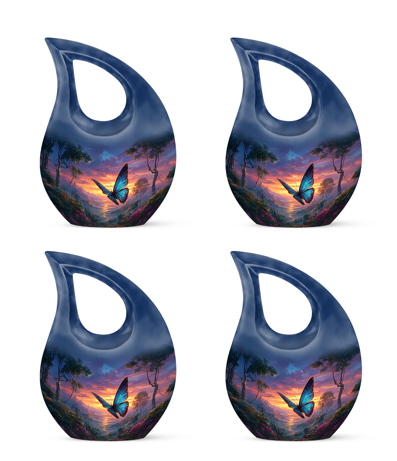 Icy Blue Butterfly Cremation Urn lifestyle display on memorial shelf - sacred cross merged with butterfly motif on metal - 10 inch aluminum urn for cremated remains