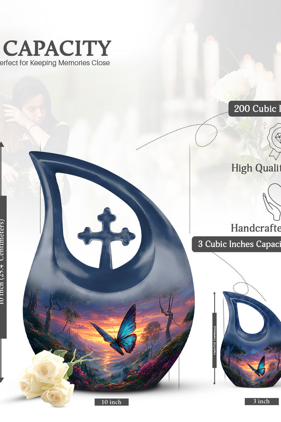 Pastel Blue Butterfly Cremation Urn back view with polished surface - sacred cross merged with butterfly motif on metal - mini keepsake memorial for portion of cremation ashes
