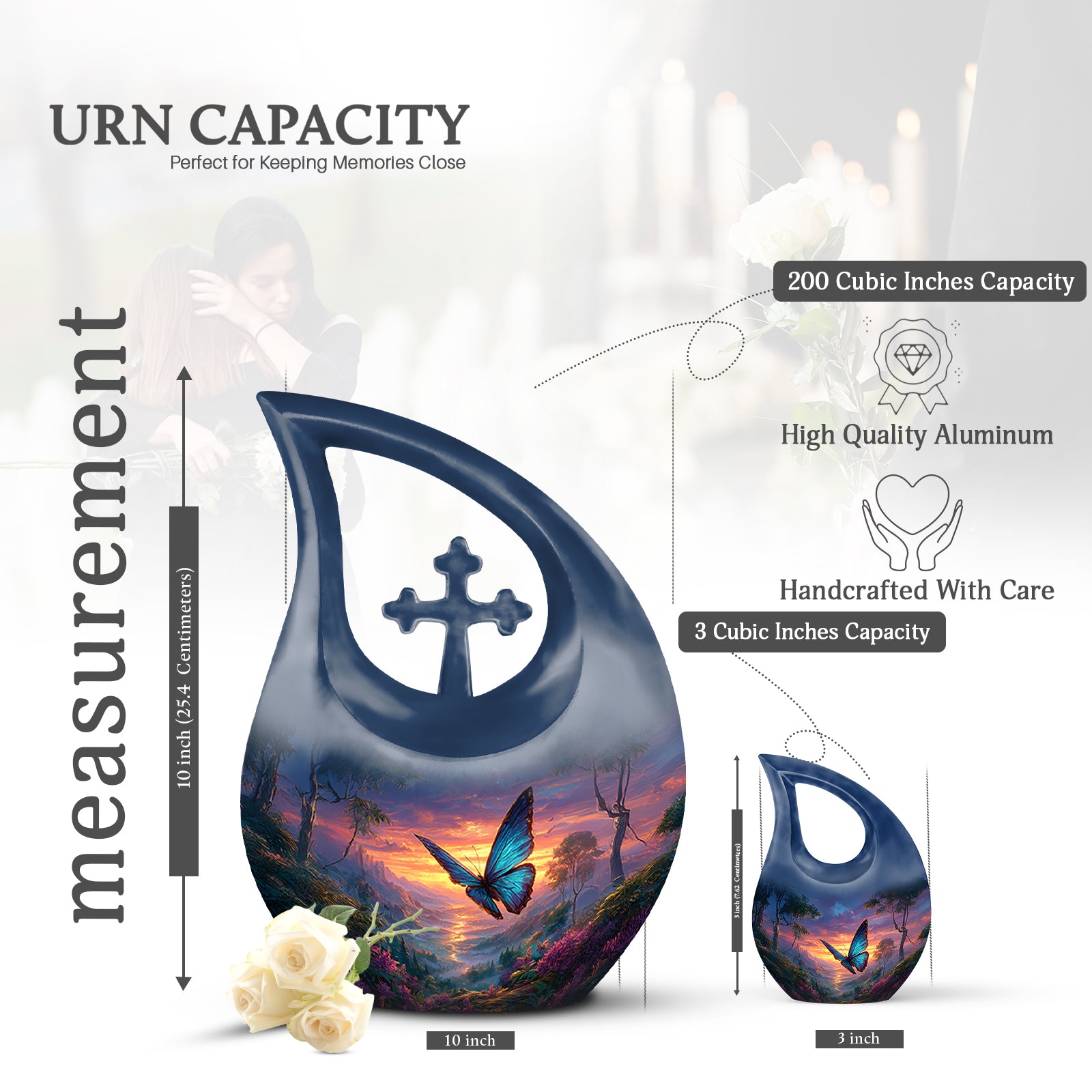 Pastel Blue Butterfly Cremation Urn back view with polished surface - sacred cross merged with butterfly motif on metal - mini keepsake memorial for portion of cremation ashes