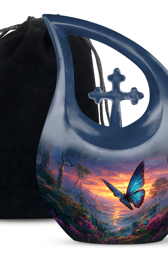 Powder Blue Butterfly Cremation Urn top-down view of secure threaded lid - cross and butterfly combined in spiritual memorial design - full-size 10 inch 200 cubic inch adult cremation urn