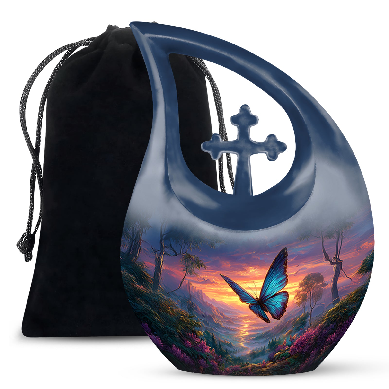 Powder Blue Butterfly Cremation Urn top-down view of secure threaded lid - cross and butterfly combined in spiritual memorial design - full-size 10 inch 200 cubic inch adult cremation urn