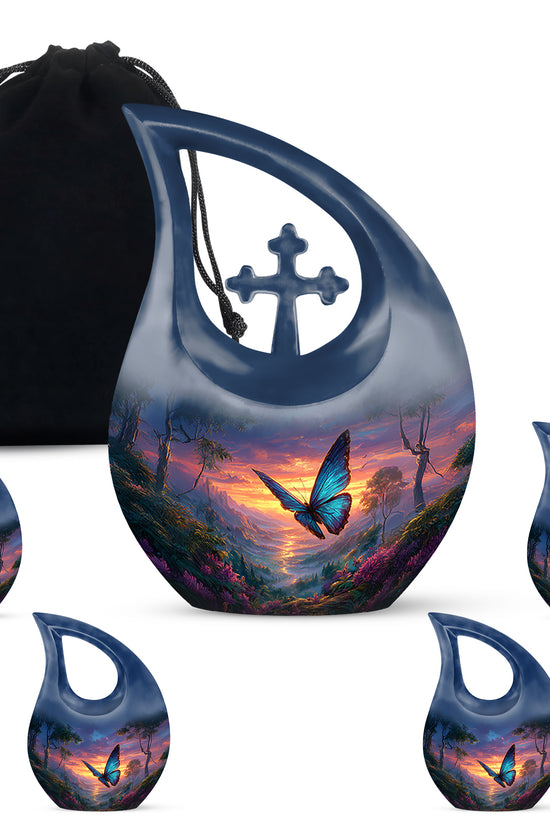 Slate Blue Butterfly Cremation Urn urn with complimentary velvet bag - cross and butterfly combined in spiritual memorial design - memorial set with one large and four small urns