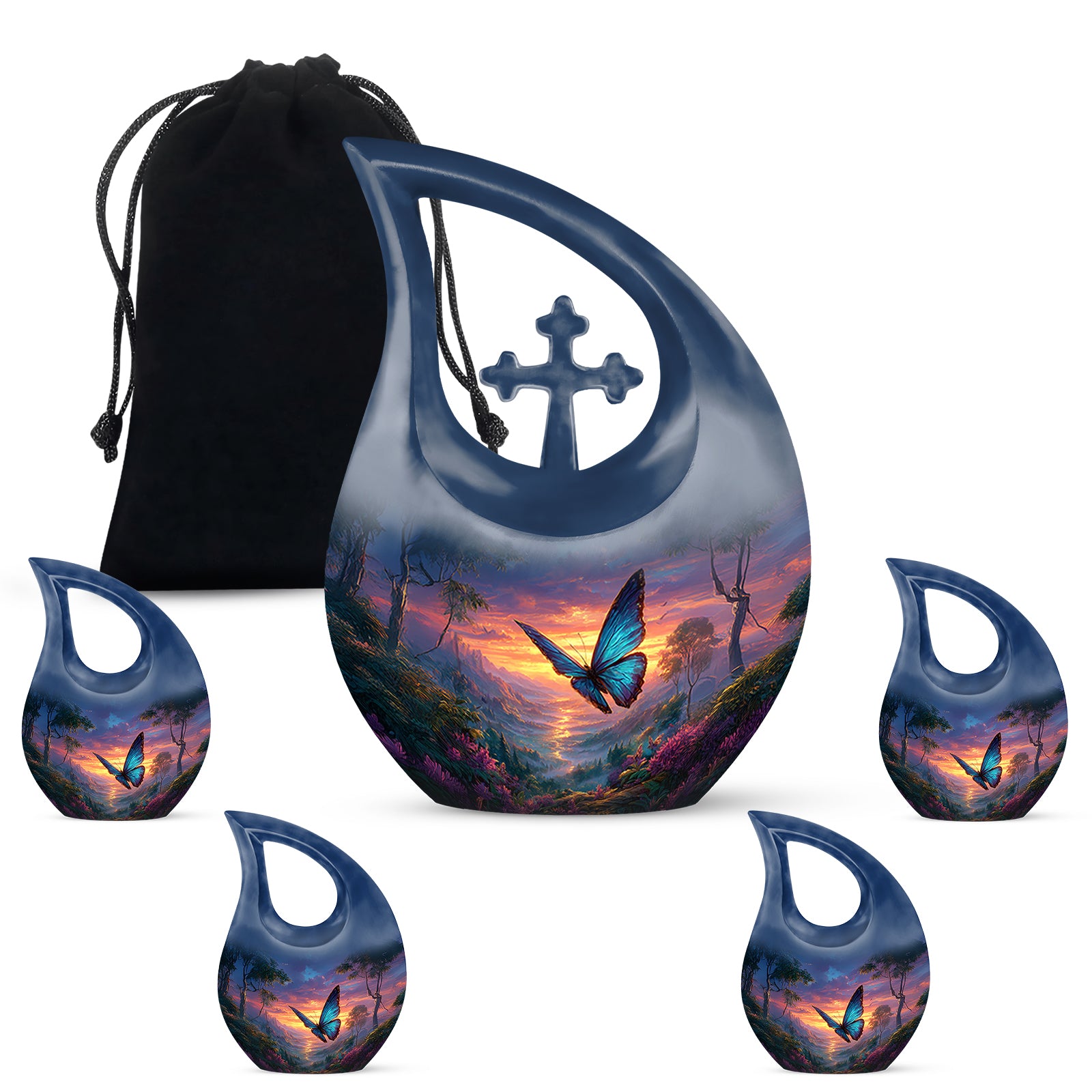 Slate Blue Butterfly Cremation Urn urn with complimentary velvet bag - cross and butterfly combined in spiritual memorial design - memorial set with one large and four small urns