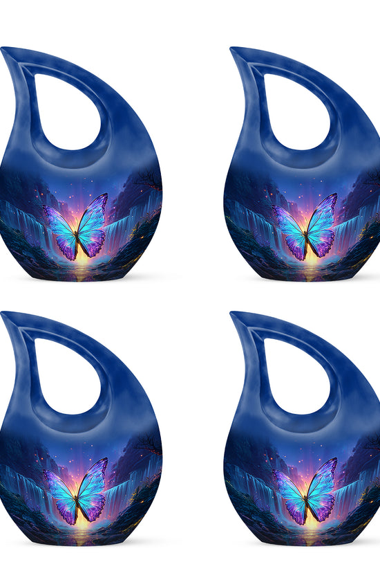 Twilight Blue Butterfly Cremation Urn lifestyle display on memorial shelf - devotional cross-drop butterfly engraving - 10 inch aluminum urn for cremated remains