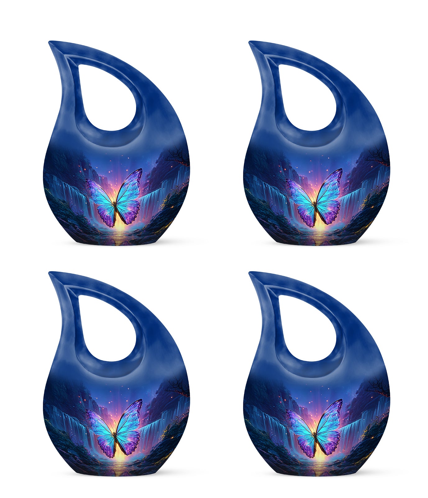 Twilight Blue Butterfly Cremation Urn lifestyle display on memorial shelf - devotional cross-drop butterfly engraving - 10 inch aluminum urn for cremated remains
