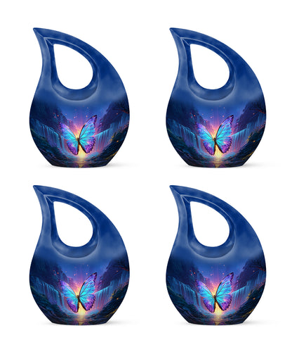 Twilight Blue Butterfly Cremation Urn lifestyle display on memorial shelf - devotional cross-drop butterfly engraving - 10 inch aluminum urn for cremated remains