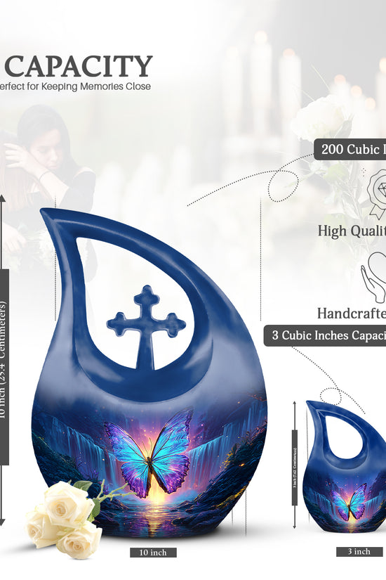 Azure Butterfly Cremation Urn back view with polished surface - cross and butterfly combined in spiritual memorial design - mini keepsake memorial for portion of cremation ashes
