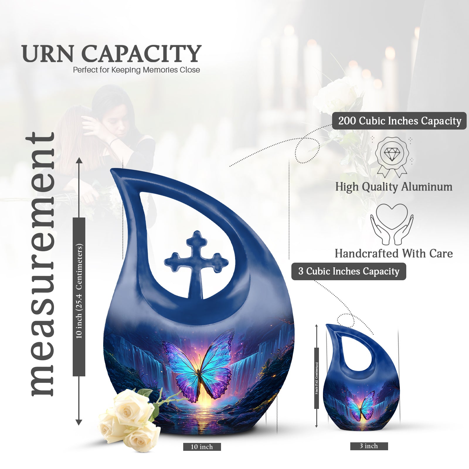 Azure Butterfly Cremation Urn back view with polished surface - cross and butterfly combined in spiritual memorial design - mini keepsake memorial for portion of cremation ashes