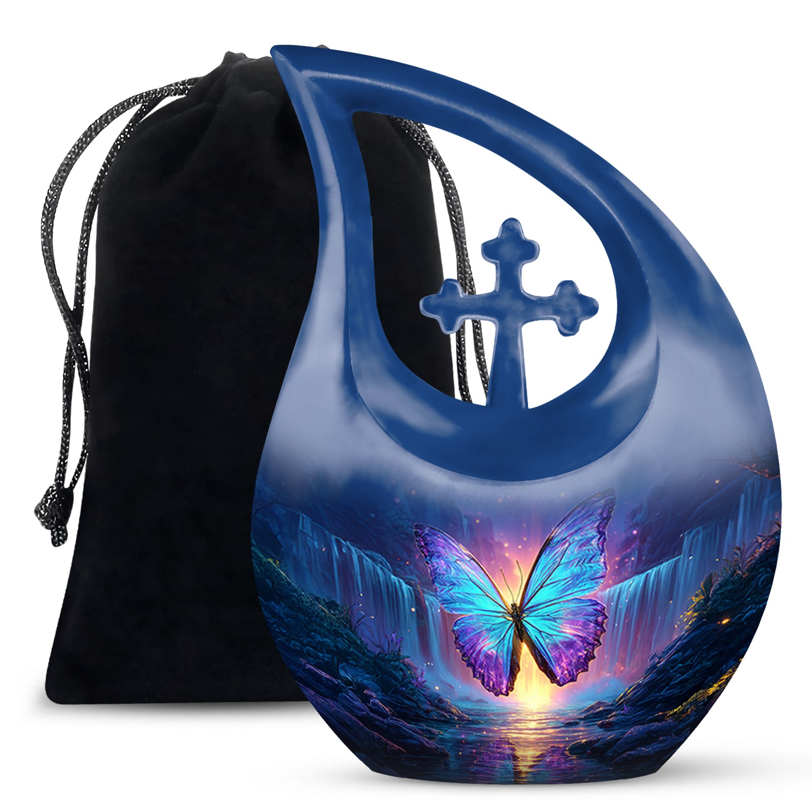 Vivid Blue Butterfly Cremation Urn top-down view of secure threaded lid - faith-inspired cross-drop urn with butterfly pattern - full-size 10 inch 200 cubic inch adult cremation urn