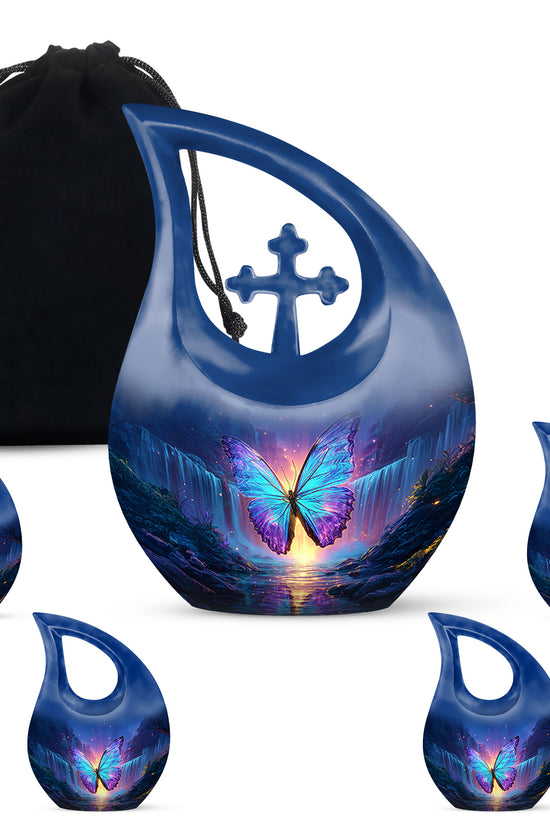 Cobalt Blue Butterfly Cremation Urn urn with complimentary velvet bag - devotional cross-drop butterfly engraving - memorial set with one large and four small urns