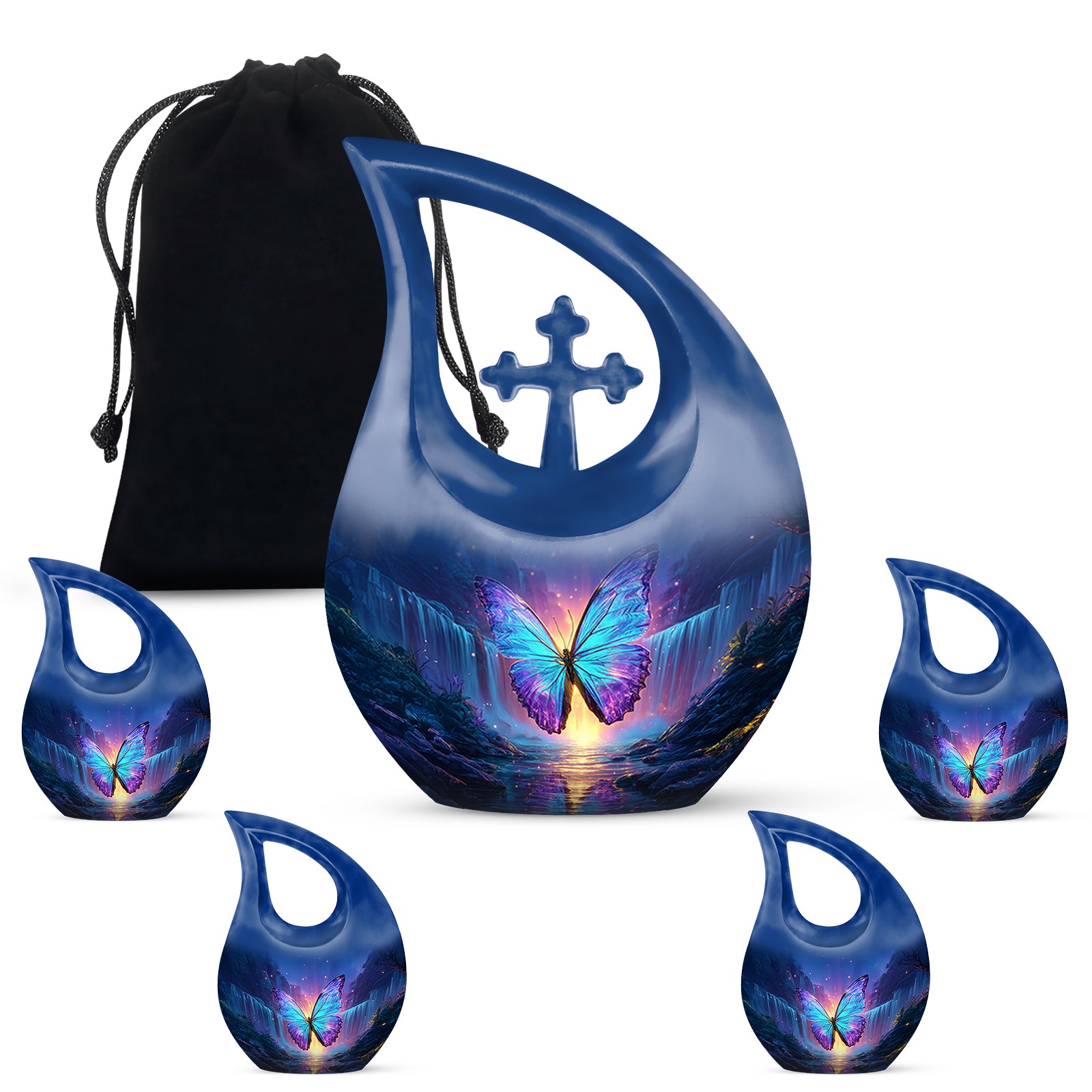 Cobalt Blue Butterfly Cremation Urn urn with complimentary velvet bag - devotional cross-drop butterfly engraving - memorial set with one large and four small urns