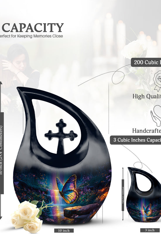 Cornflower Blue Butterfly Cremation Urn back view with polished surface - faith-inspired cross-drop urn with butterfly pattern - mini keepsake memorial for portion of cremation ashes
