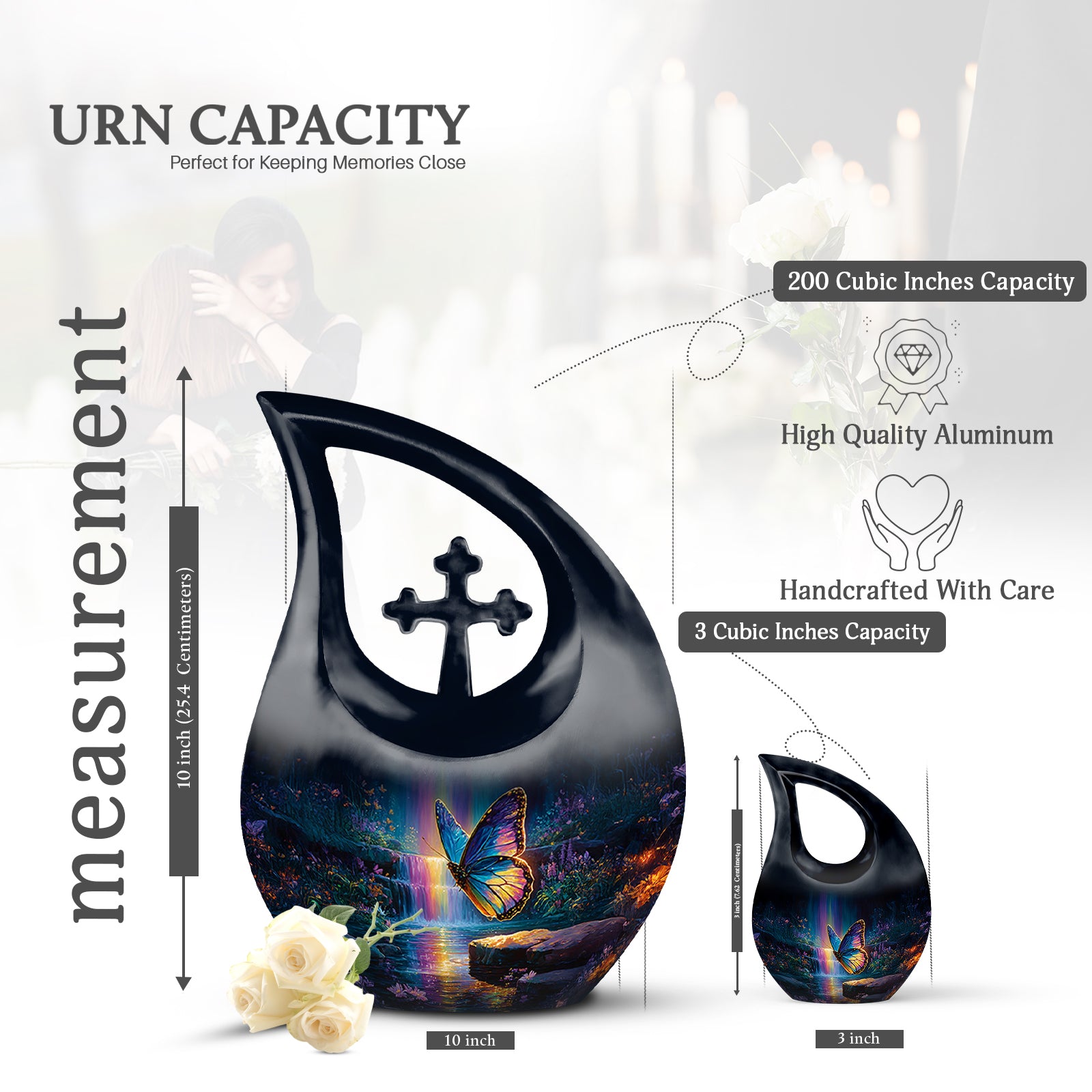 Cornflower Blue Butterfly Cremation Urn back view with polished surface - faith-inspired cross-drop urn with butterfly pattern - mini keepsake memorial for portion of cremation ashes