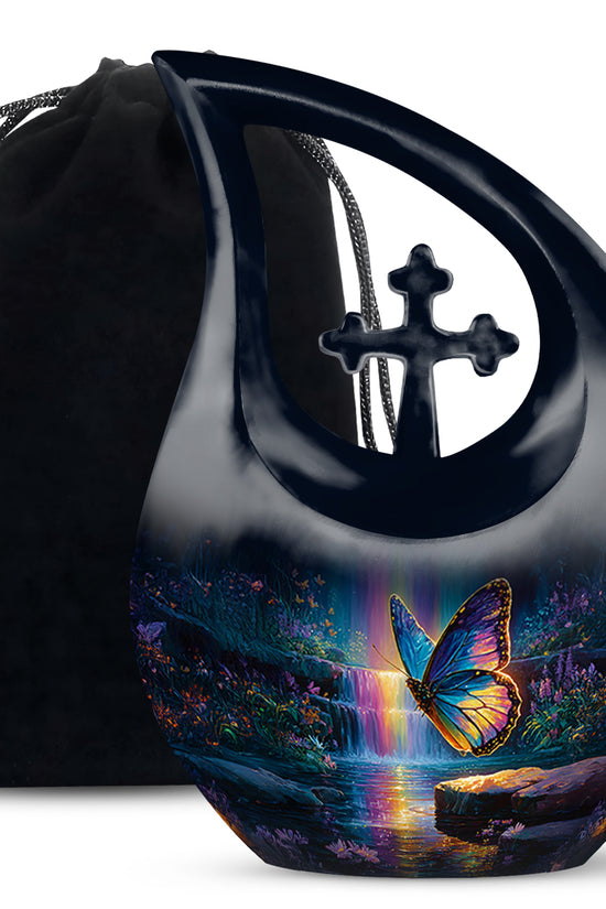 Dusty Blue Butterfly Cremation Urn top-down view of secure threaded lid - cross and butterfly combined in spiritual memorial design - full-size 10 inch 200 cubic inch adult cremation urn