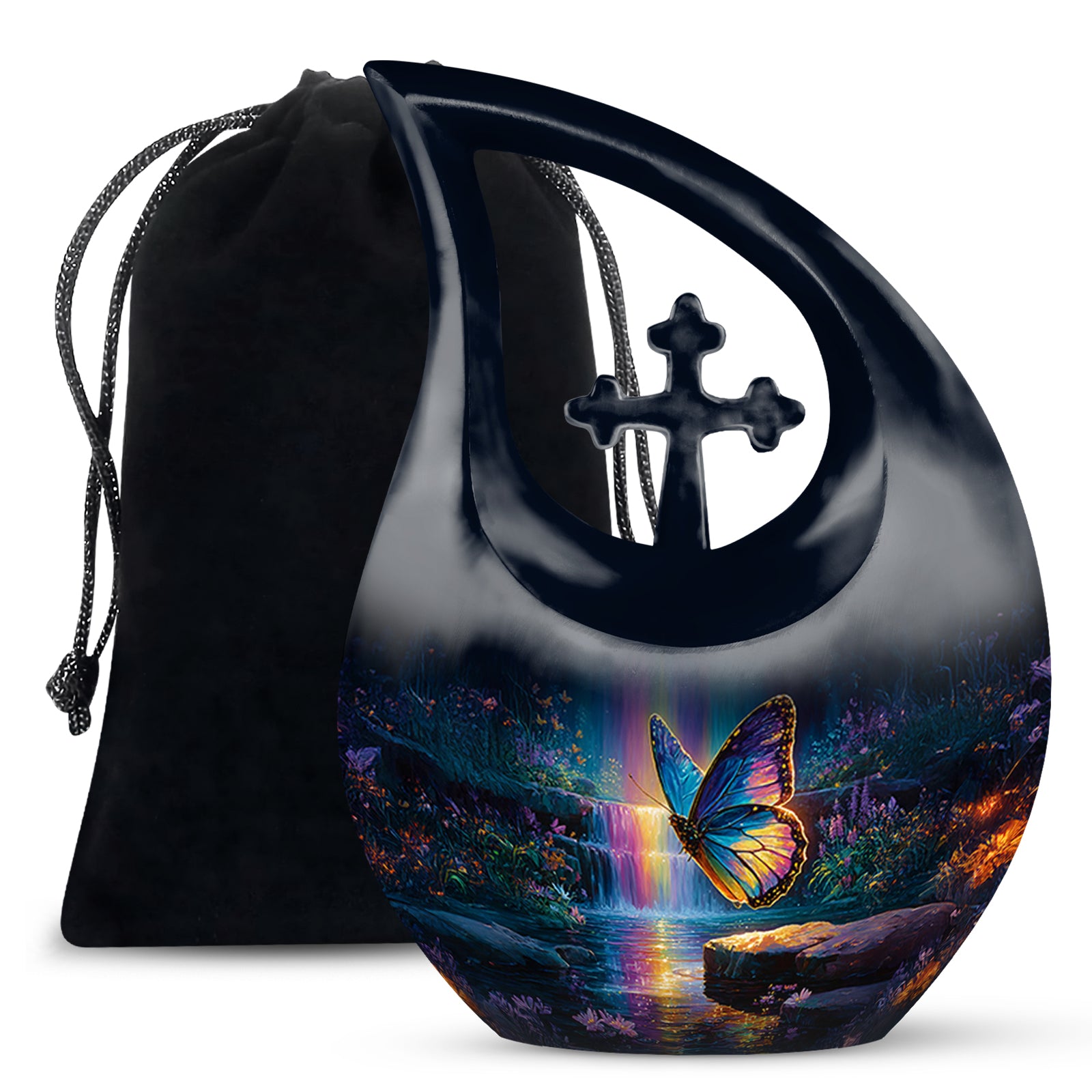 Dusty Blue Butterfly Cremation Urn top-down view of secure threaded lid - cross and butterfly combined in spiritual memorial design - full-size 10 inch 200 cubic inch adult cremation urn