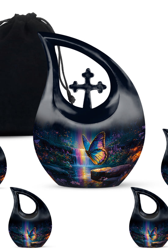 Slate Blue Butterfly Cremation Urn urn with complimentary velvet bag - cross and butterfly combined in spiritual memorial design - memorial set with one large and four small urns