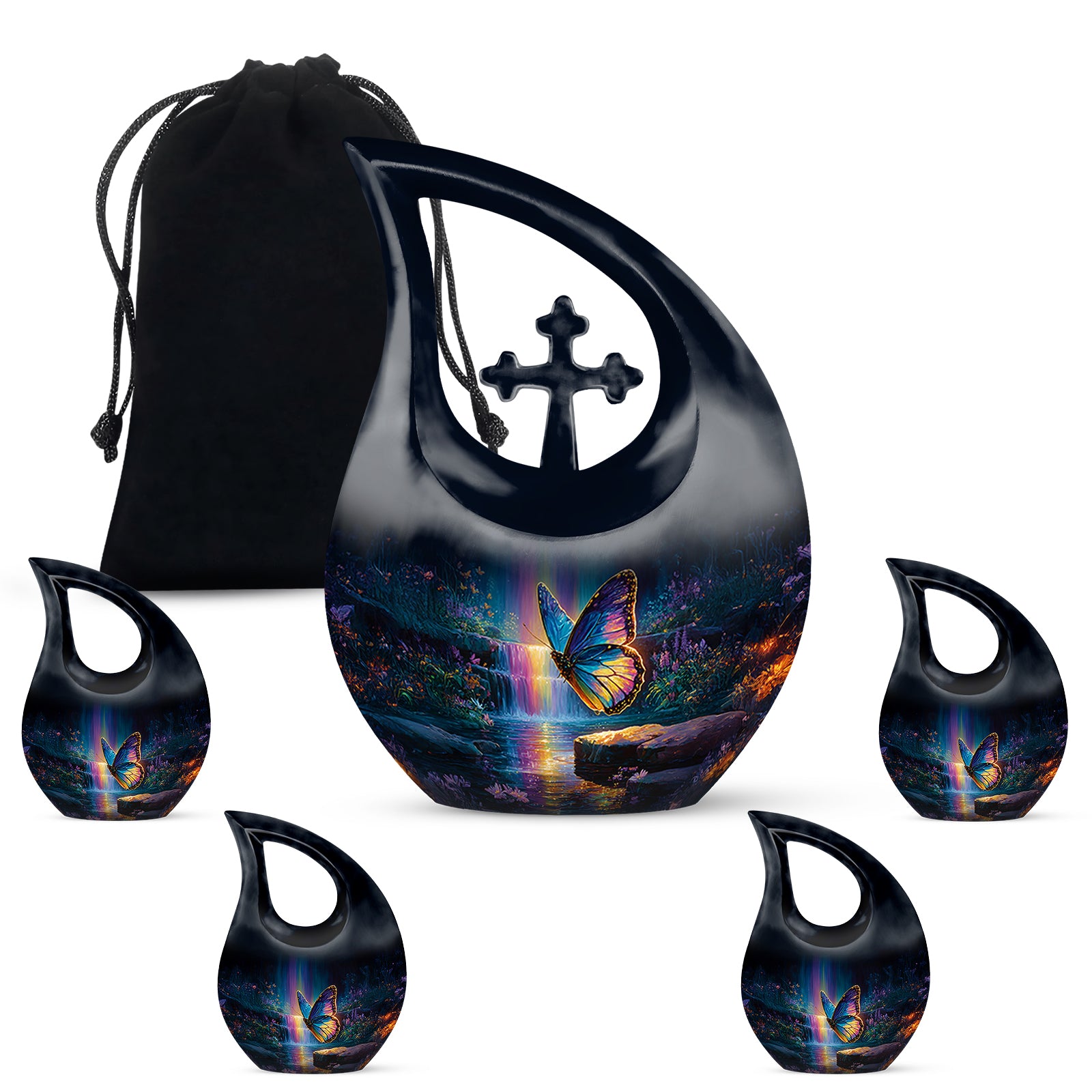 Slate Blue Butterfly Cremation Urn urn with complimentary velvet bag - cross and butterfly combined in spiritual memorial design - memorial set with one large and four small urns