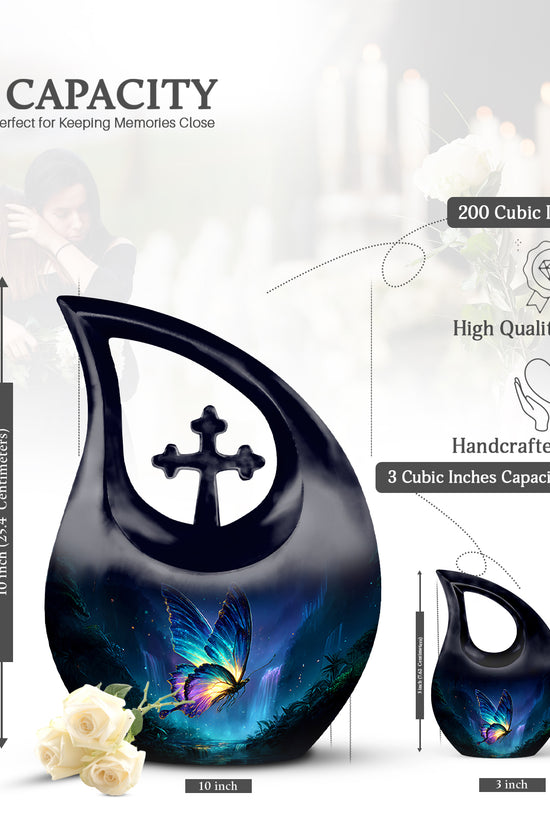 Powder Blue Butterfly Cremation Urn back view with polished surface - cross and butterfly combined in spiritual memorial design - mini keepsake memorial for portion of cremation ashes