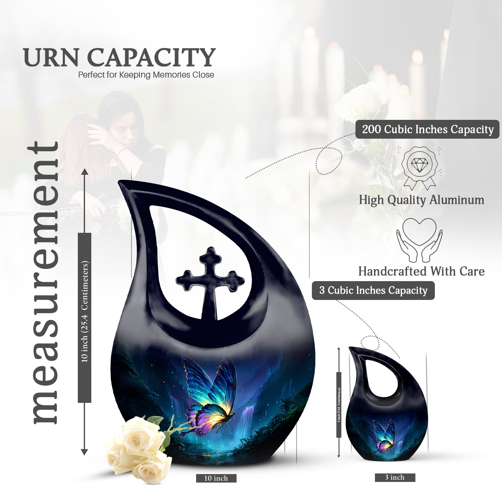 Powder Blue Butterfly Cremation Urn back view with polished surface - cross and butterfly combined in spiritual memorial design - mini keepsake memorial for portion of cremation ashes
