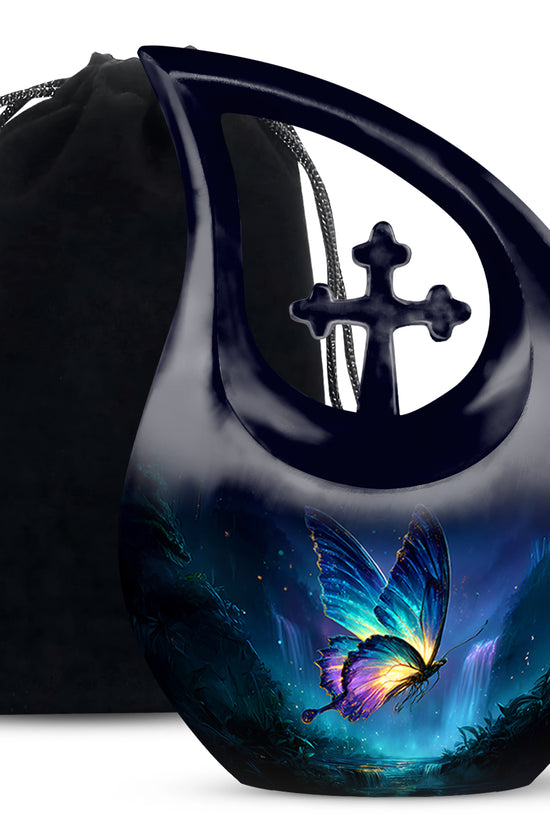 Soft Blue Butterfly Cremation Urn top-down view of secure threaded lid - devotional cross-drop butterfly engraving - full-size 10 inch 200 cubic inch adult cremation urn