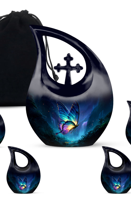 Slate Blue Butterfly Cremation Urn urn with complimentary velvet bag - sacred cross merged with butterfly motif on metal - memorial set with one large and four small urns