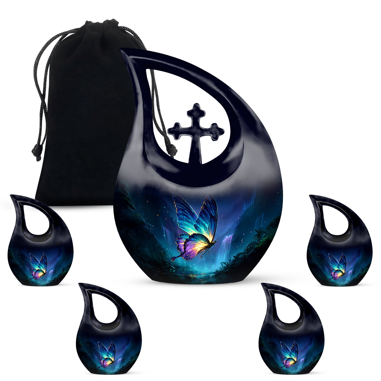 Slate Blue Butterfly Cremation Urn urn with complimentary velvet bag - sacred cross merged with butterfly motif on metal - memorial set with one large and four small urns