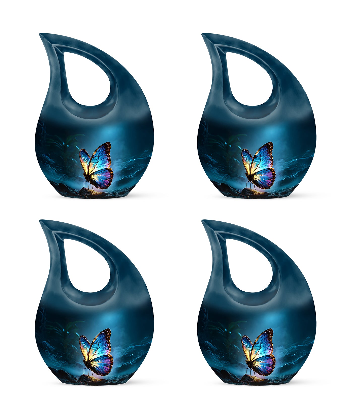 Royal Blue Butterfly Cremation Urn lifestyle display on memorial shelf - devotional cross-drop butterfly engraving - 10 inch aluminum urn for cremated remains