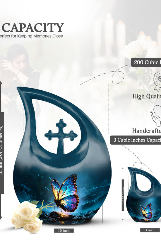Soft Blue Butterfly Cremation Urn back view with polished surface - faith-inspired cross-drop urn with butterfly pattern - mini keepsake memorial for portion of cremation ashes