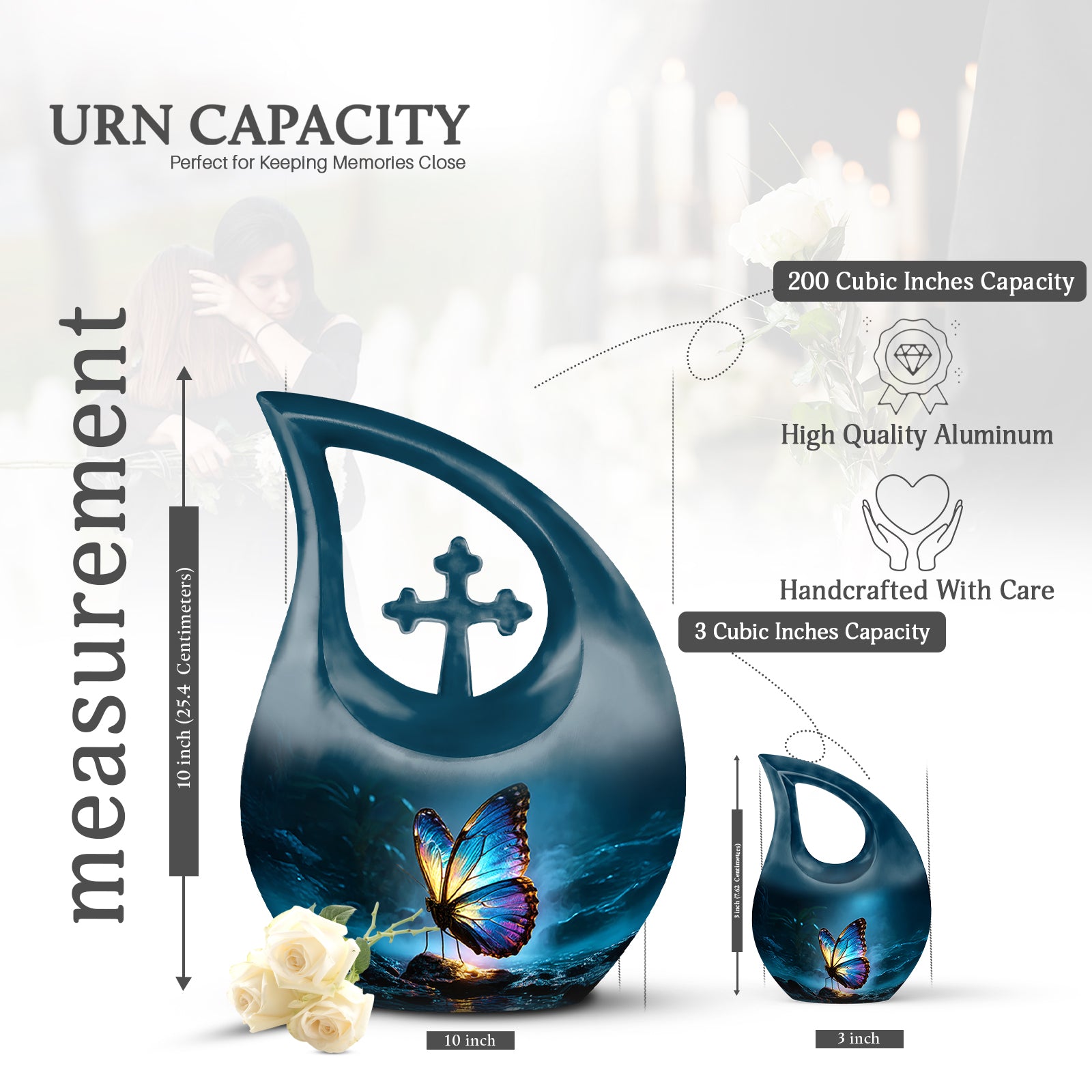 Soft Blue Butterfly Cremation Urn back view with polished surface - faith-inspired cross-drop urn with butterfly pattern - mini keepsake memorial for portion of cremation ashes