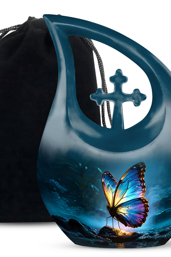 Bright Blue Butterfly Cremation Urn top-down view of secure threaded lid - faith-inspired cross-drop urn with butterfly pattern - full-size 10 inch 200 cubic inch adult cremation urn