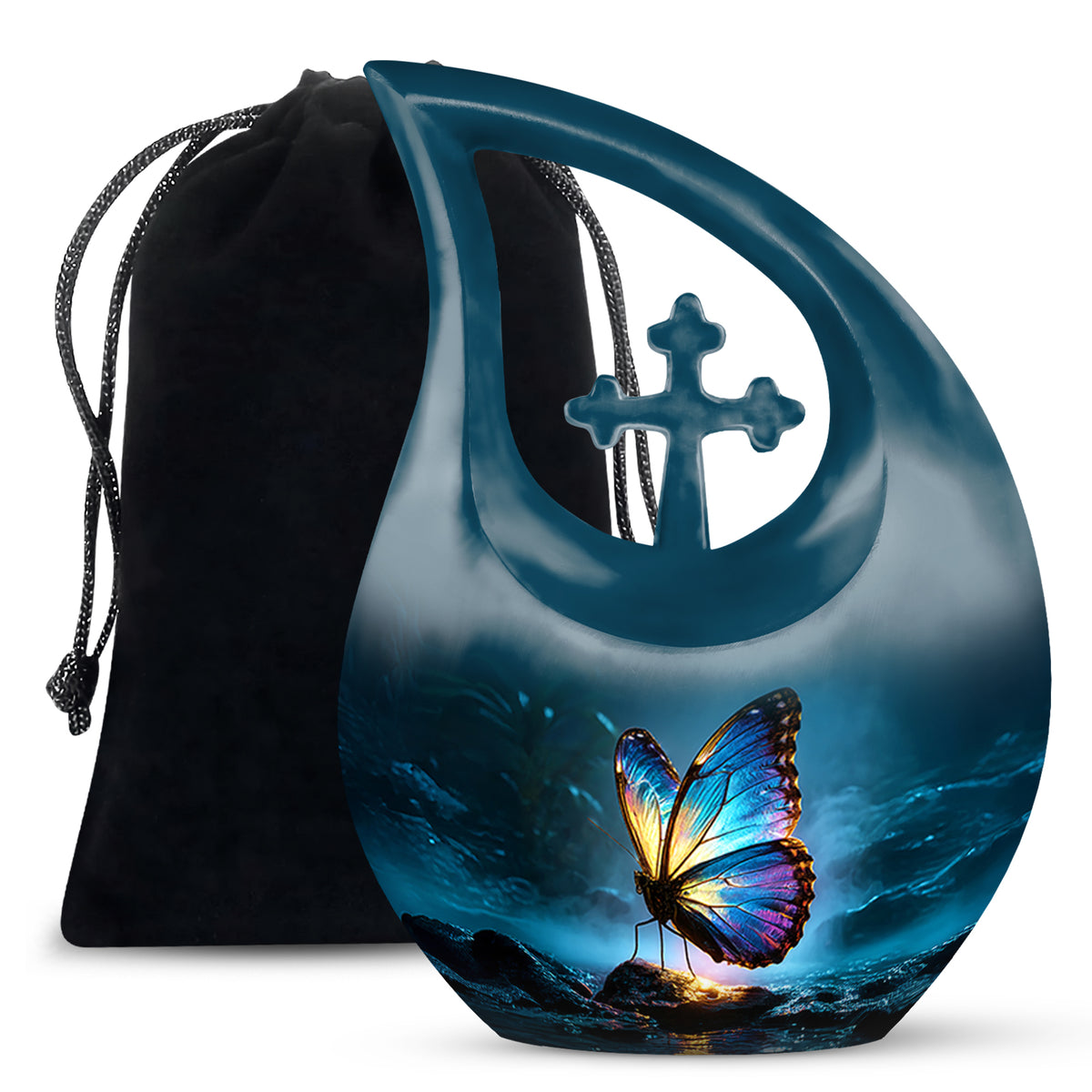 Bright Blue Butterfly Cremation Urn top-down view of secure threaded lid - faith-inspired cross-drop urn with butterfly pattern - full-size 10 inch 200 cubic inch adult cremation urn