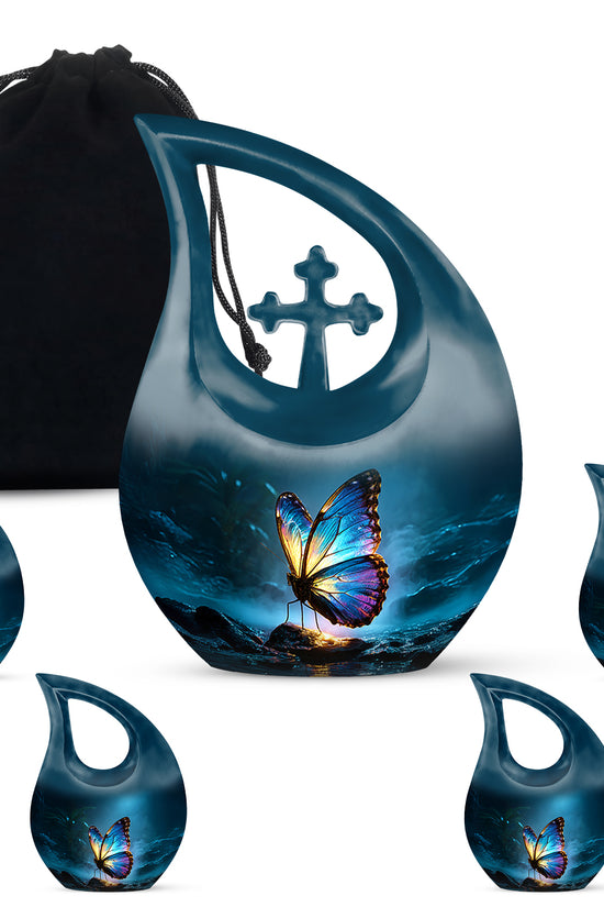 Cornflower Blue Butterfly Cremation Urn urn with complimentary velvet bag - devotional cross-drop butterfly engraving - memorial set with one large and four small urns