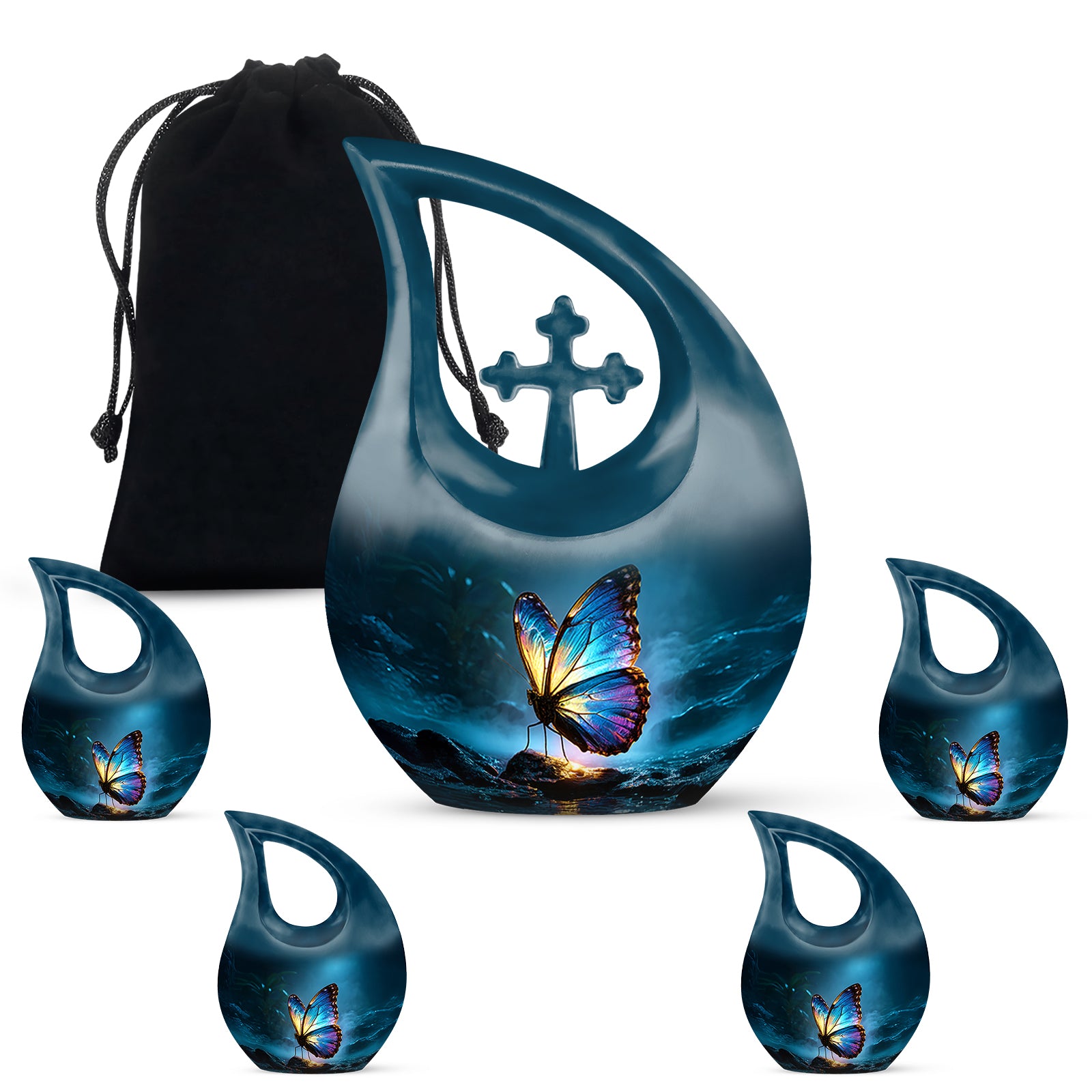 Cornflower Blue Butterfly Cremation Urn urn with complimentary velvet bag - devotional cross-drop butterfly engraving - memorial set with one large and four small urns