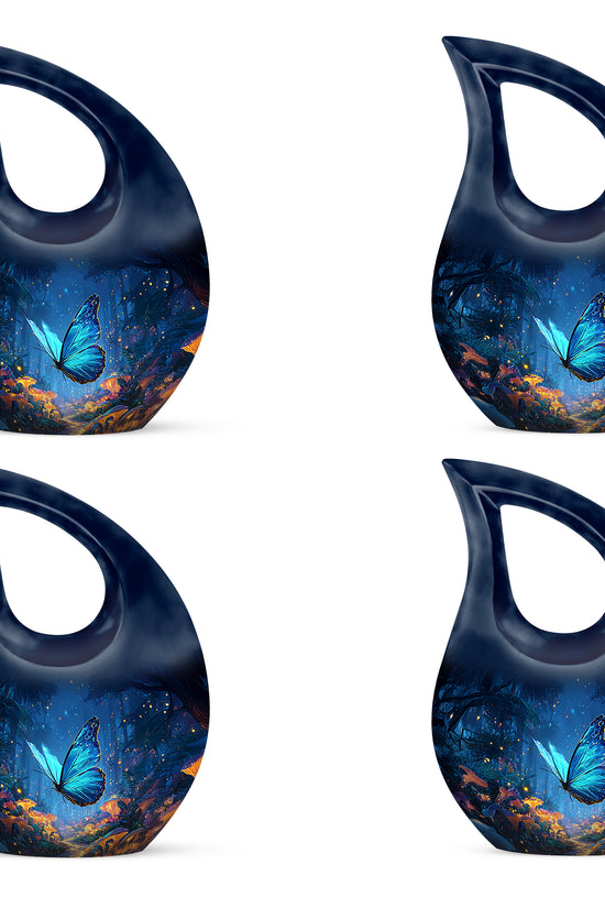 Cobalt Blue Butterfly Cremation Urn lifestyle display on memorial shelf - faith-inspired cross-drop urn with butterfly pattern - 10 inch aluminum urn for cremated remains