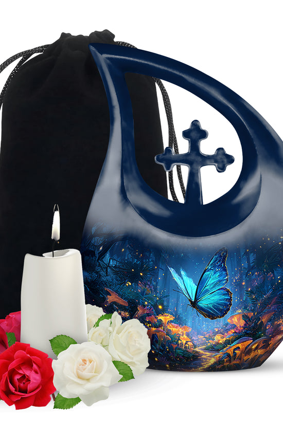 Dusty Blue Butterfly Cremation Urn top-down view of secure threaded lid - sacred cross merged with butterfly motif on metal - full-size 10 inch 200 cubic inch adult cremation urn