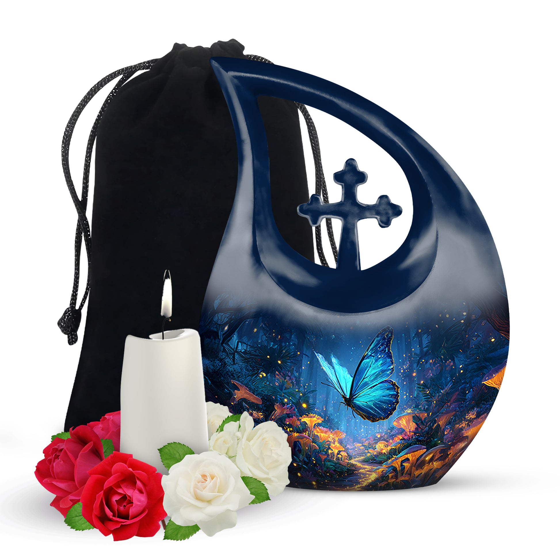 Dusty Blue Butterfly Cremation Urn top-down view of secure threaded lid - sacred cross merged with butterfly motif on metal - full-size 10 inch 200 cubic inch adult cremation urn